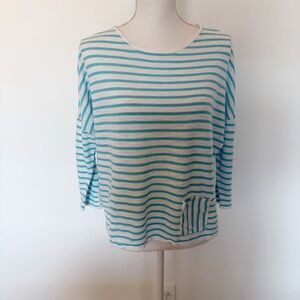 J Jill Petite Blue White Stripes Linen Blend Crew Neck Pocket Sweater Size MP